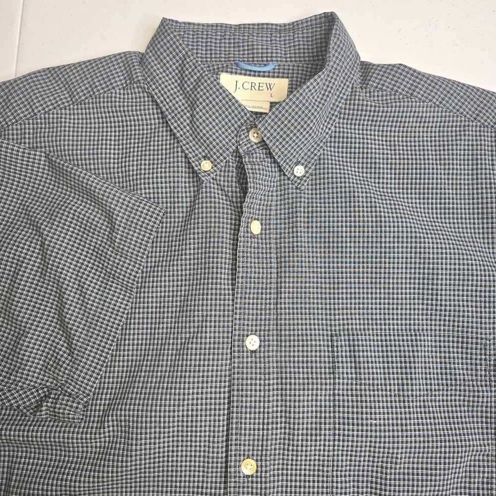 J CREW Men's Large Black White‎ Blue Check Short Sleeve Shirt -1328